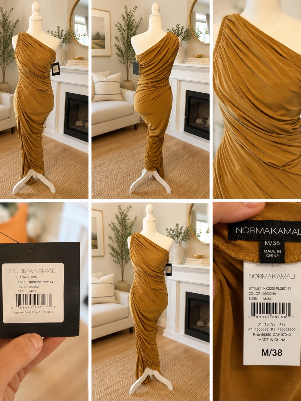 Norma Kamali One-Shoulder Mocha Gold Ruched Maxi Dress